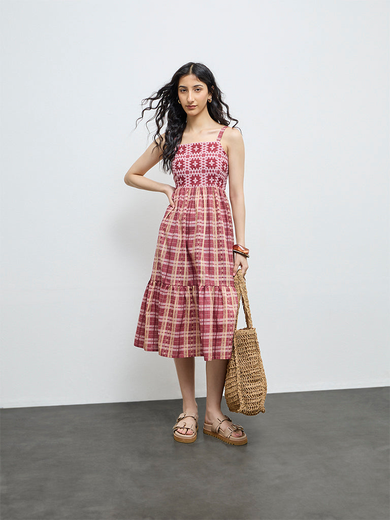 Bombay Paisley Dusty Pink Embroidered Cotton Tiered Dress
