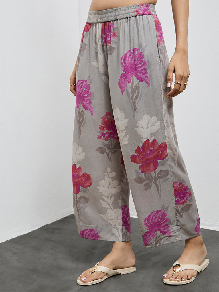 Utsa Grey Floral Design Pants