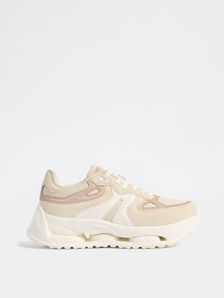 LUNA BLU Beige Mesh-Detailed Lace-Up Sneakers