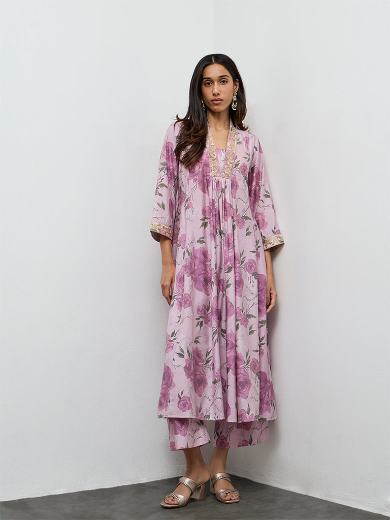 Utsa Lilac Floral Printed A-Line Kurta