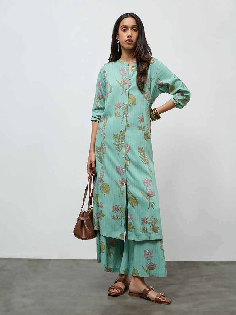 Utsa Aqua Botanical Design A-Line Kurta