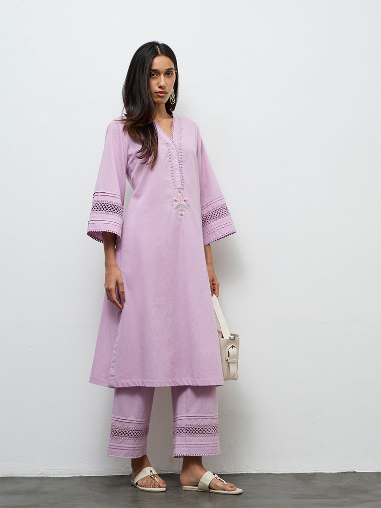Utsa Lilac Embroidered Cotton-Blend A-Line Kurta