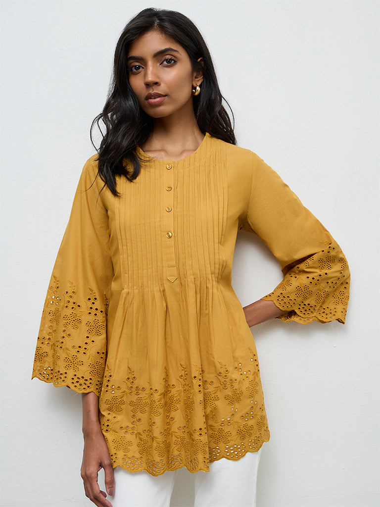 Utsa Mustard Schiffli Embroidered Cotton Tunic