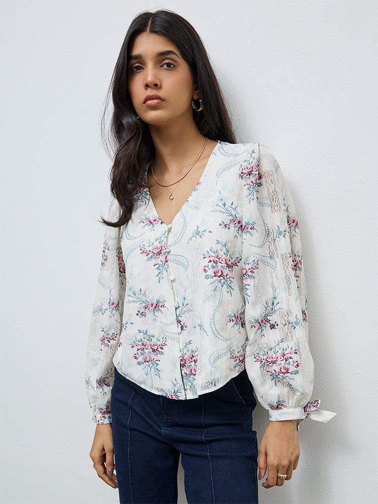 LOV White Floral Pattern Cotton-Blend Top