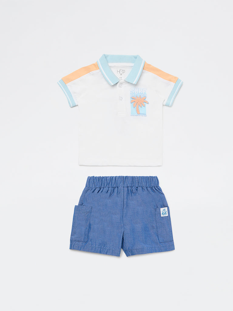 HOP Baby Boys White Tropical Themed Cotton Polo T-Shirt and Shorts Set