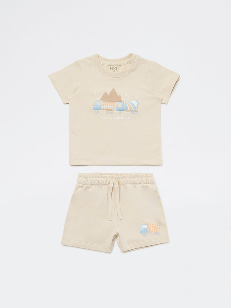 HOP Baby Boys Light Taupe Printed Cotton T-Shirt and Shorts Set