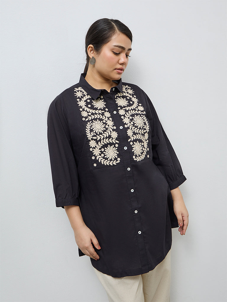 Diza Black Botanical Embroidered Cotton Tunic