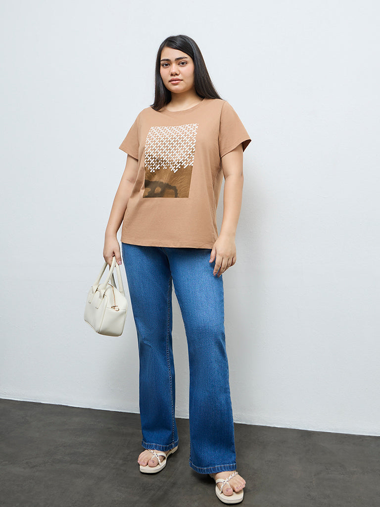 Gia Beige Graphic Printed Cotton T-Shirt