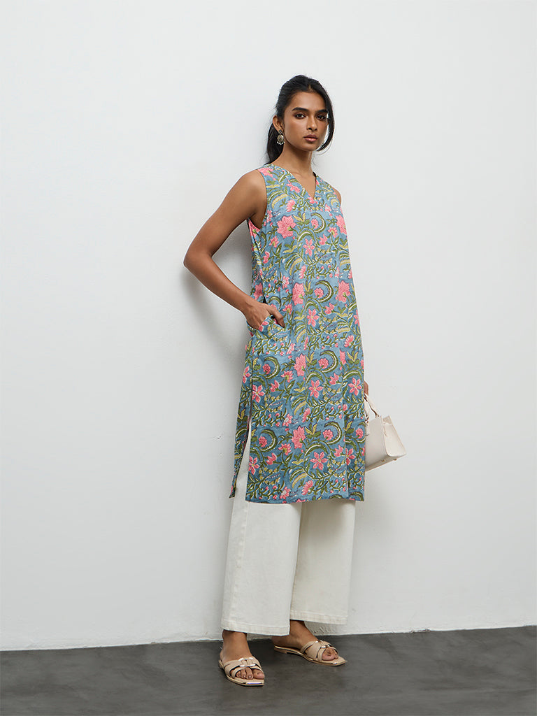 Utsa Blue Floral Printed Cotton A-Line Kurta