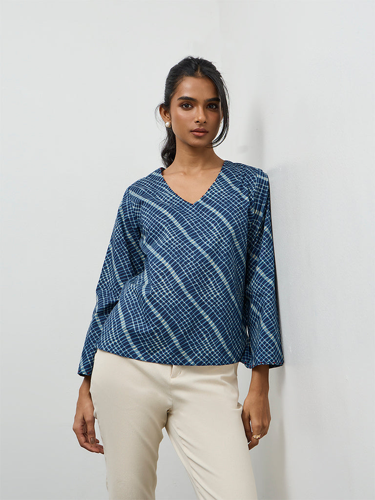 Utsa Indigo Checks Design Cotton Top