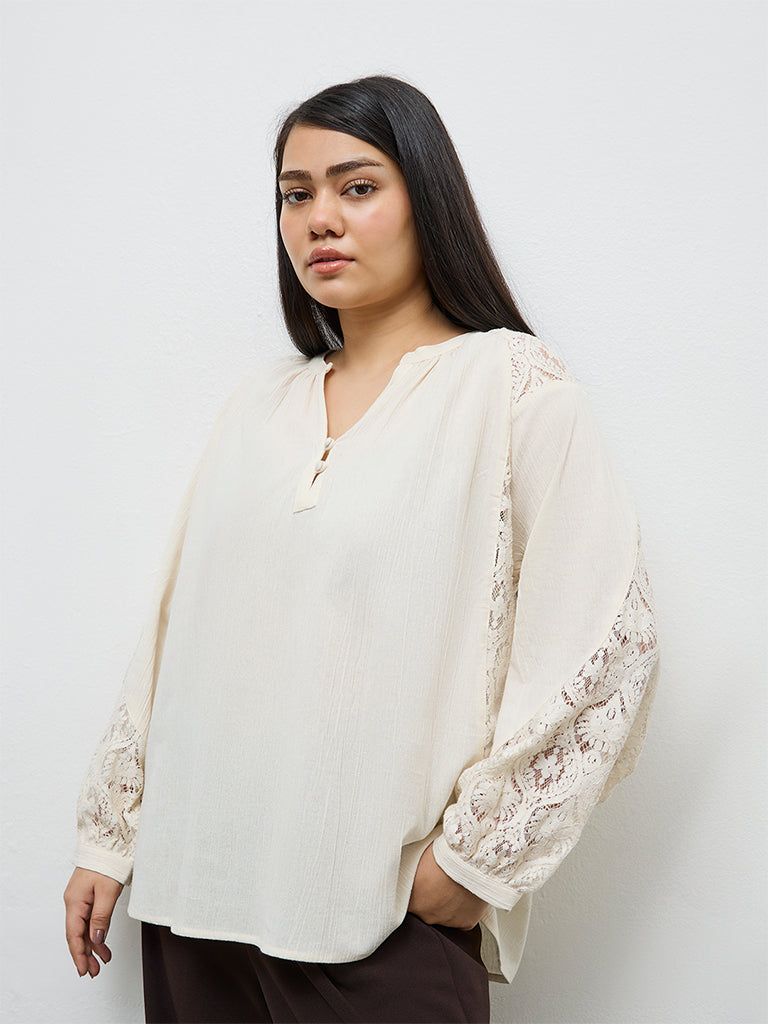 Gia Cream Lace Detailed Cotton Blouse