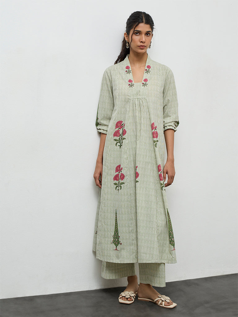Utsa Green Striped Cotton A-Line Kurta
