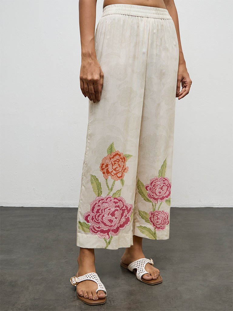 Utsa Off-White Floral Printed Pants