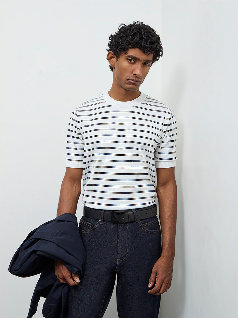 Ascot Off-White Striped Printed Relaxed-Fit Cotton-Blend T-Shirt