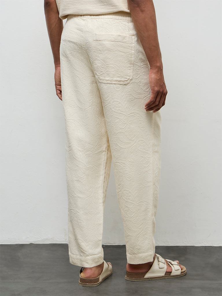 ETA Cream Paisley Design Relaxed-Fit Mid-Rise Cotton Chinos