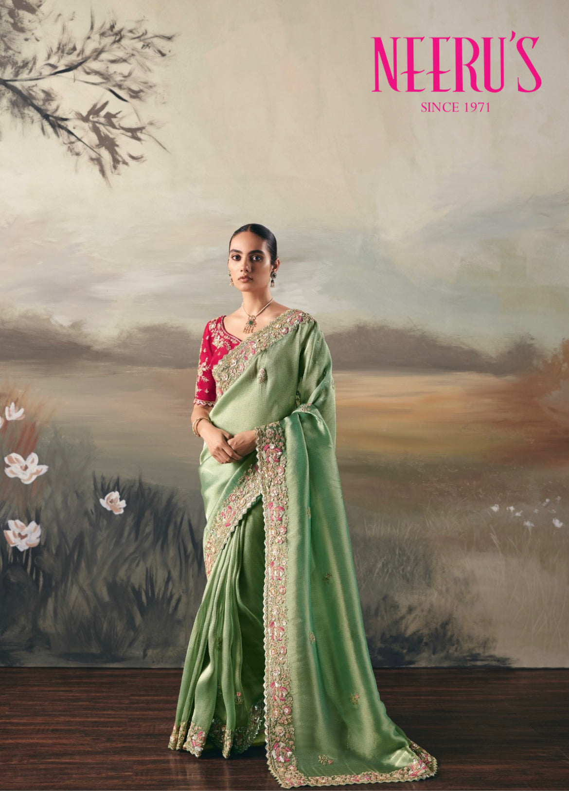 Green Tissue Saree With Sequins And Zari Work