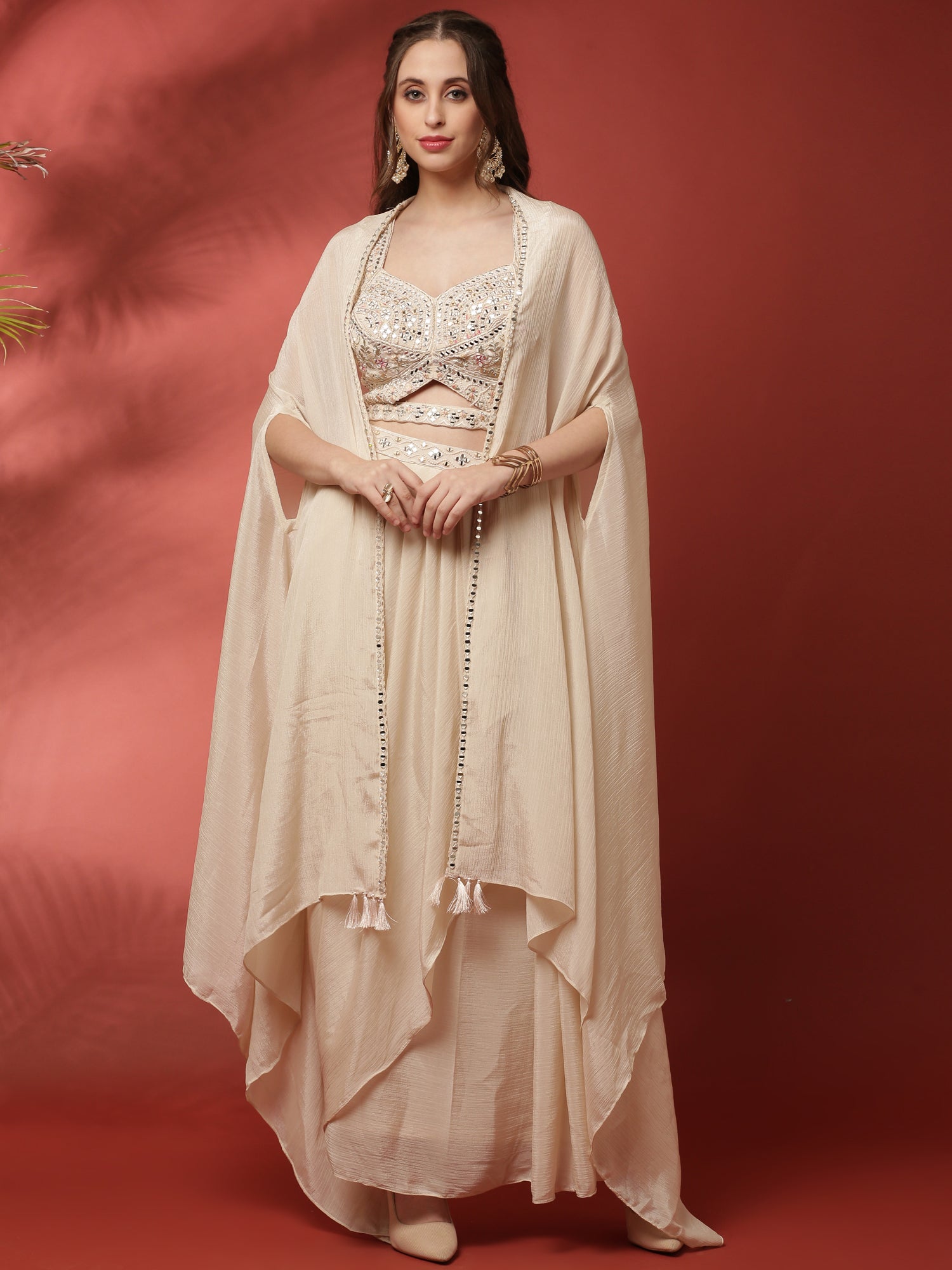 Cream Handwork Blouse Skirt Set With Jacket