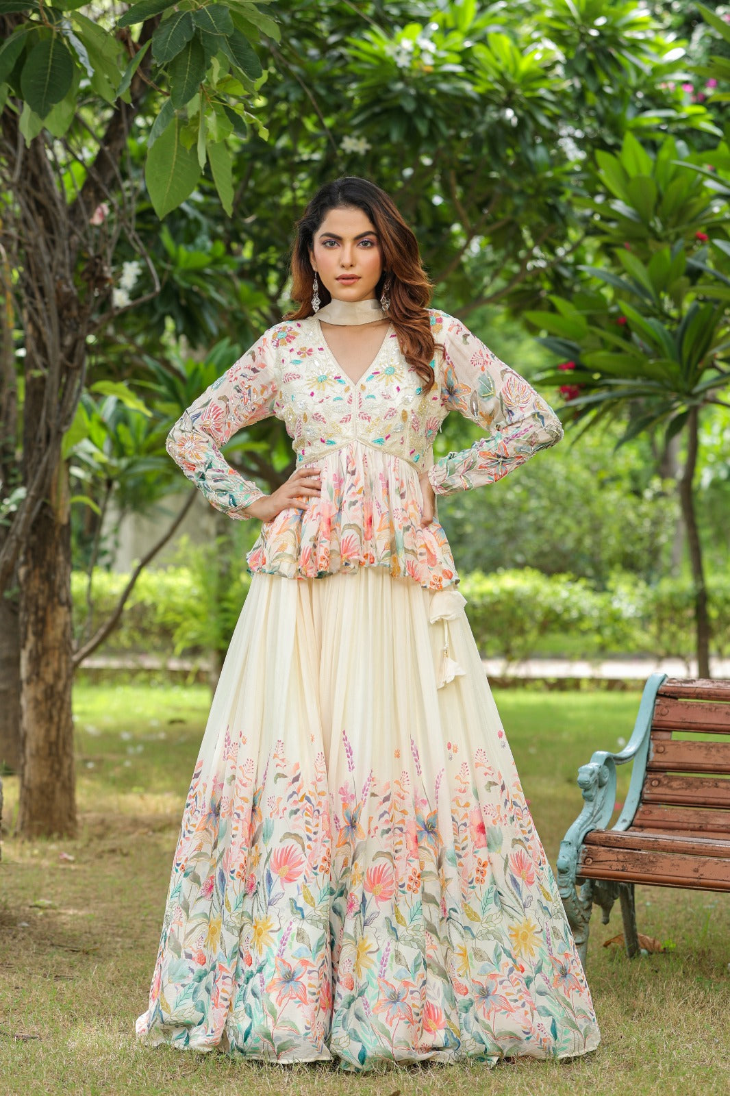 White Pam-lam Top With Floral Printed Lengha