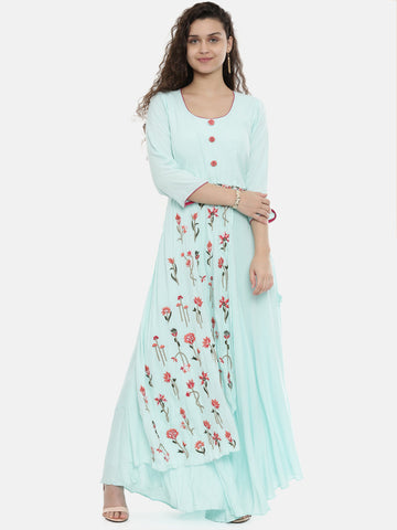 Neeru's Women Sea Green Red Floral Embroidered A-Line Kurta With Tie-Up Detail