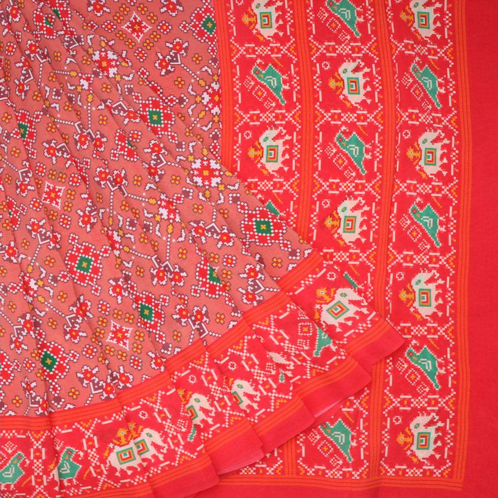 Coral Pink ikat Printed Silk Saree