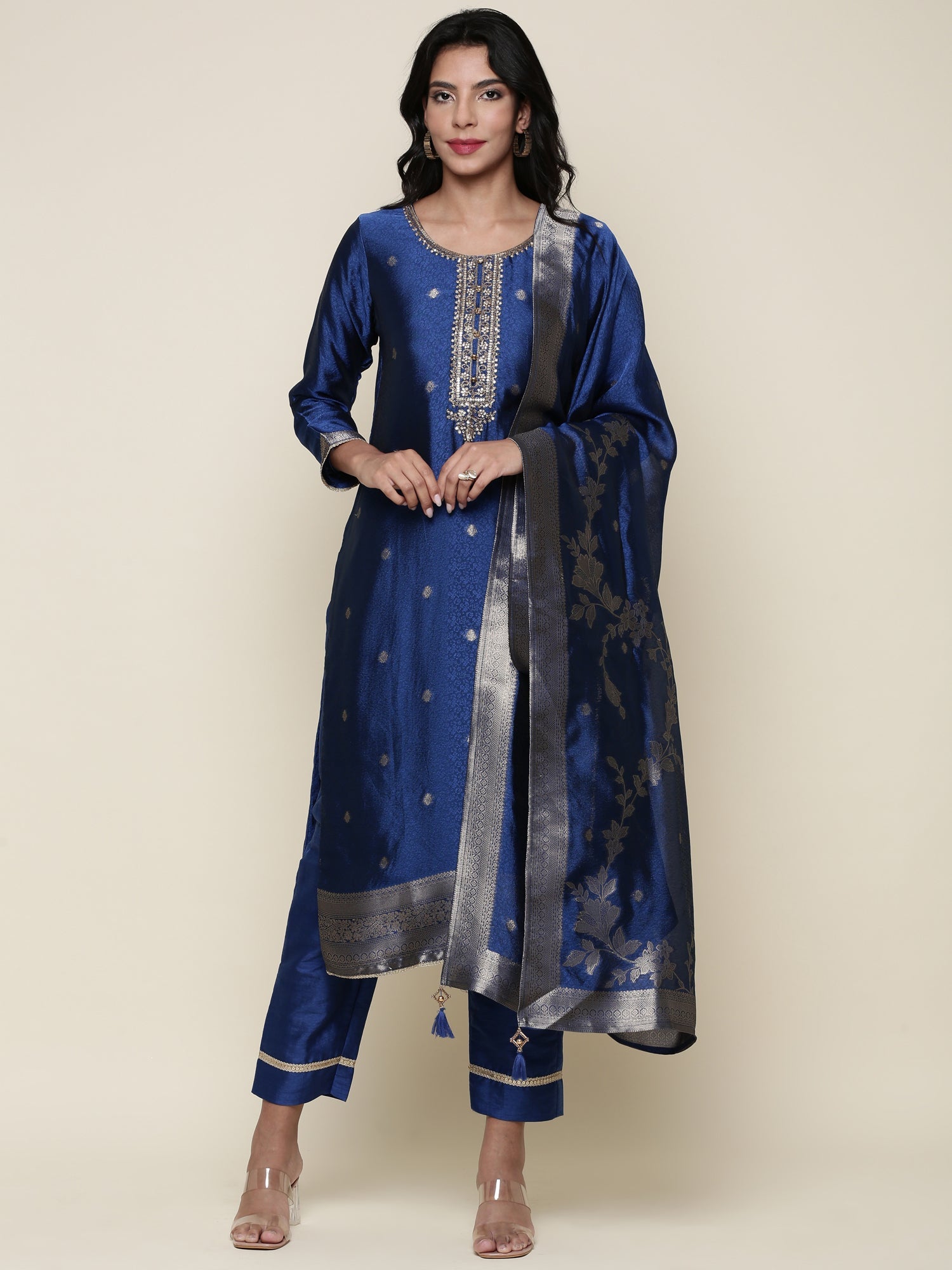Midnight Blue Silk Hand embroidered three piece suit set