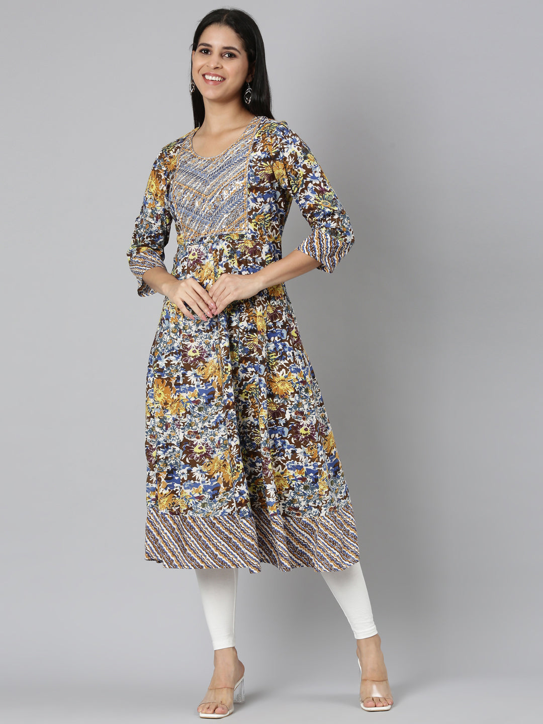 Neerus Brown Straight Casual Floral Anarkali Kurtas