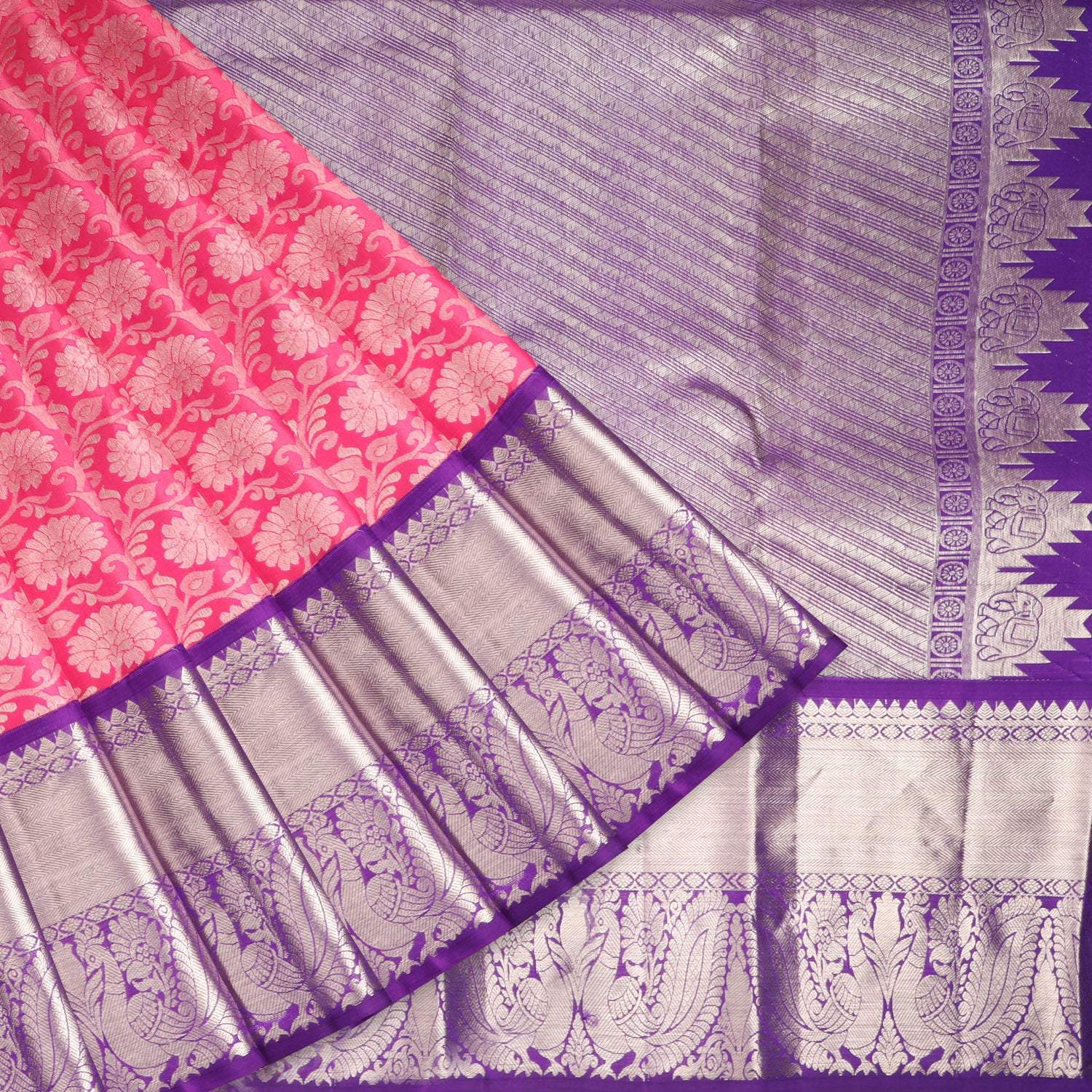 Bright Pink Kanjivaram Silk Saree With Floral Pattern