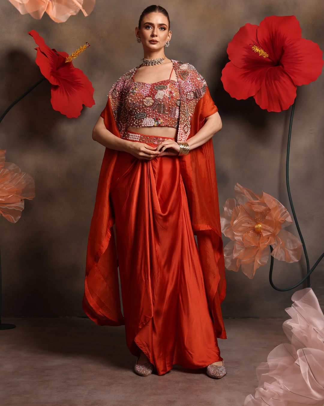 Chinon Fabric Ensemble with Heavy Jarkan & Moti Work Blouse and Designer Cape