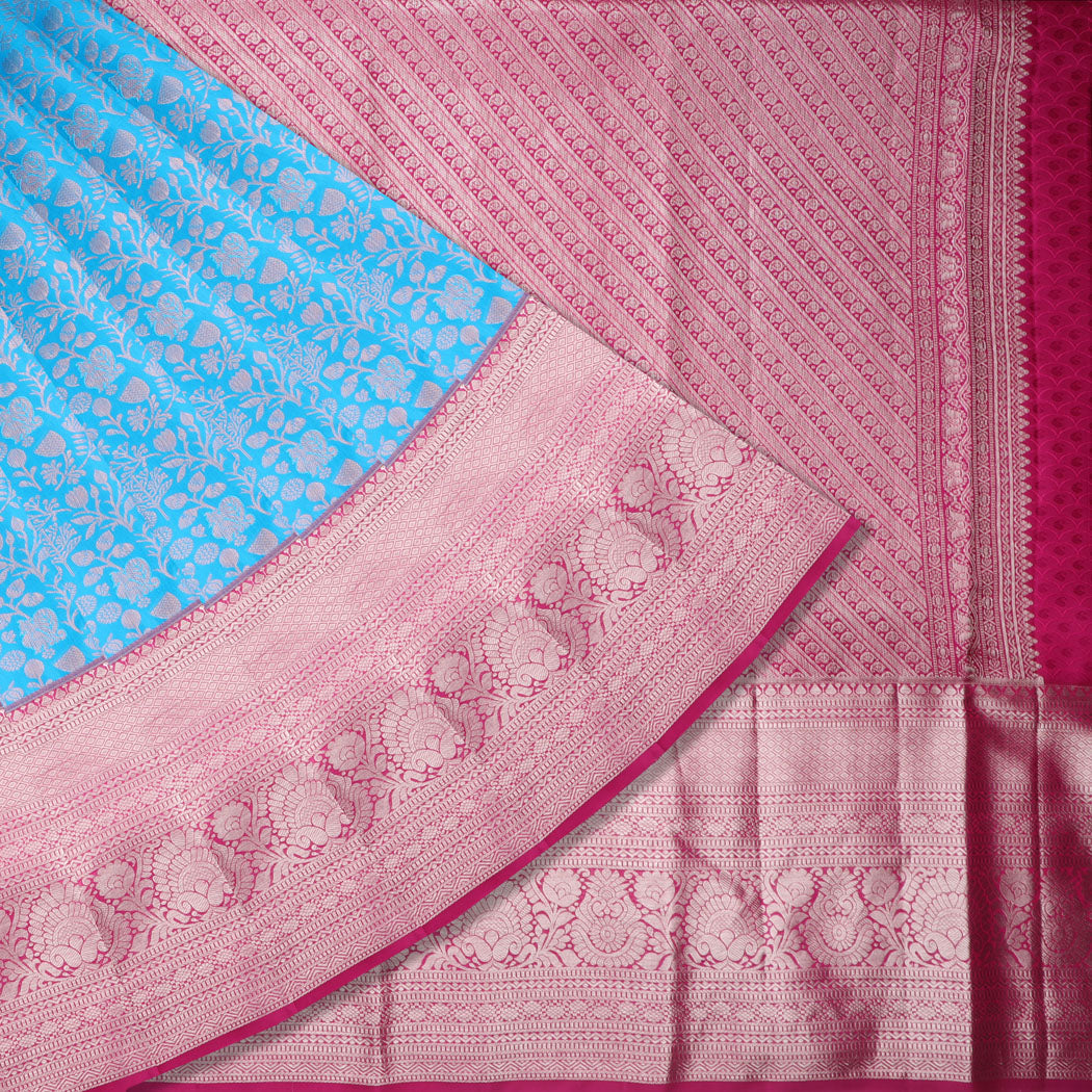 Bright Blue Kanjivaram Silk Saree With Floral Jaal Design