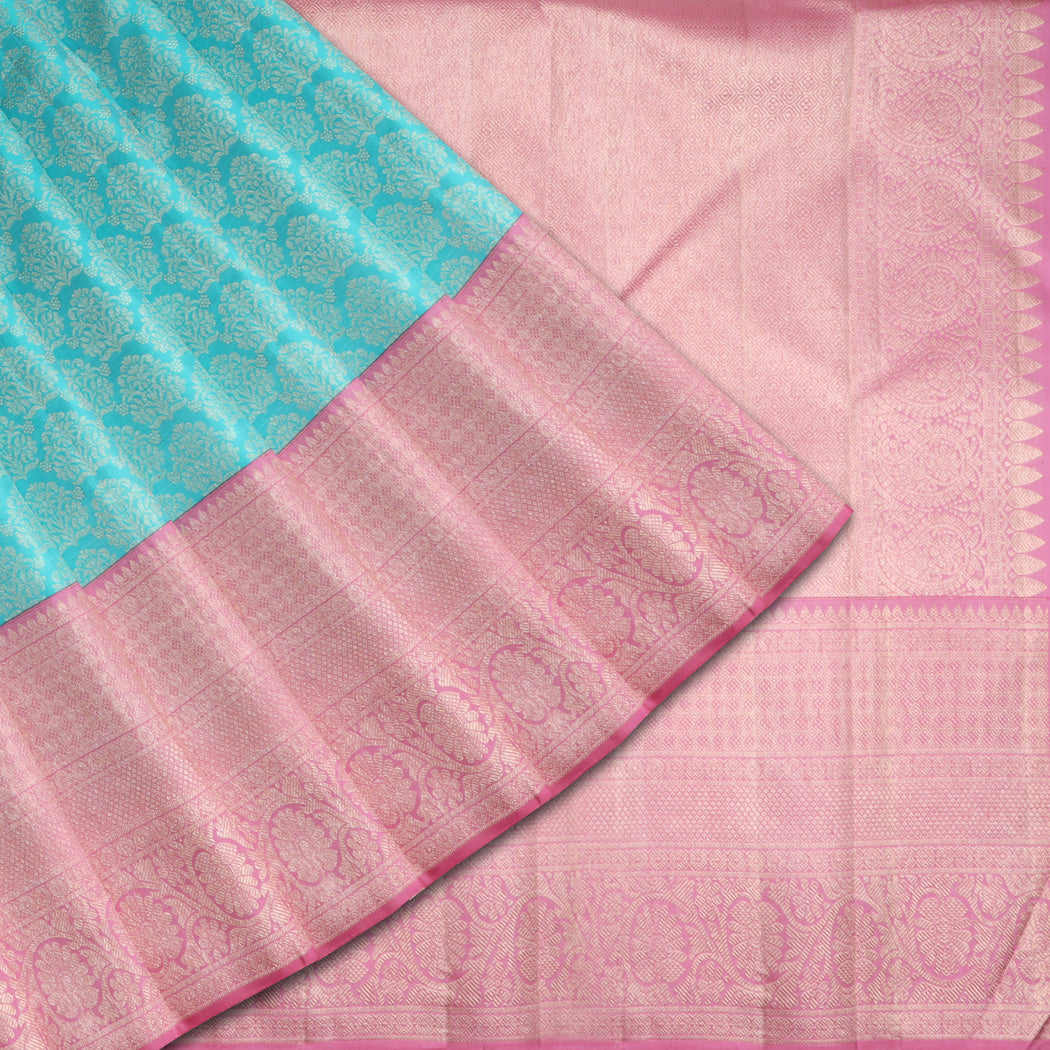 Bright Blue Kanjivaram Silk Saree With Floral Motif Pattern