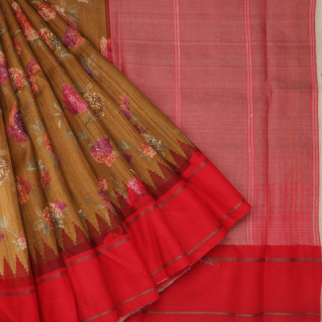 Copper Brown Tussar Saree With Printed Floral Motifs