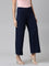 Women Solid Navy Mid Rise Ribbed Palazzos