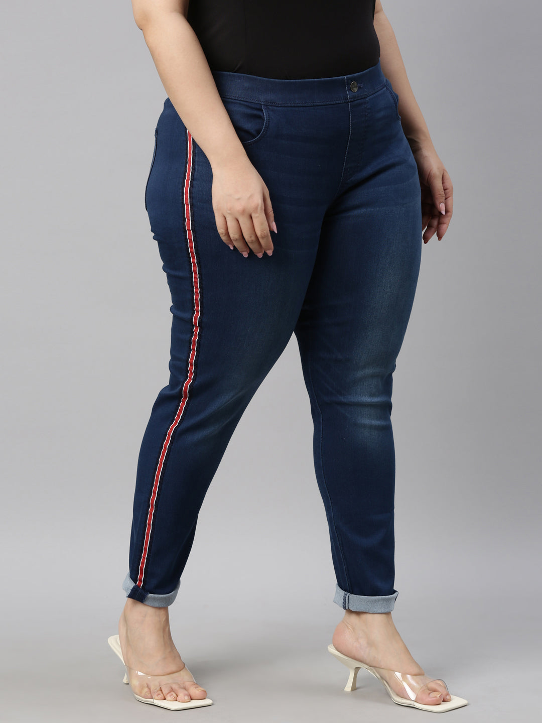 Women Solid Blue Side Striped Denim Jeggings