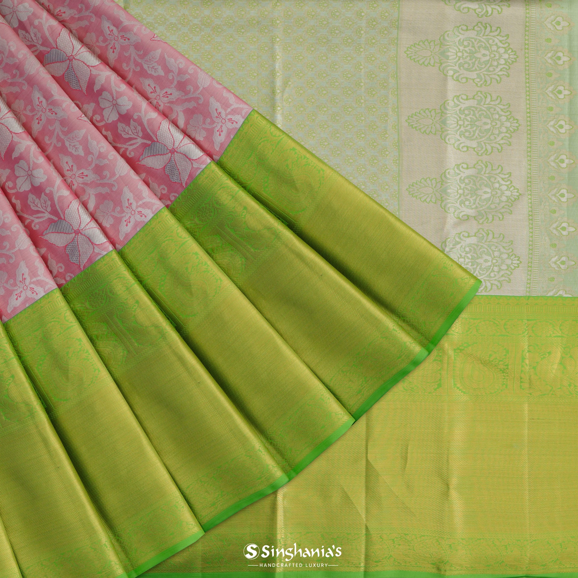 Bubblegum Pink Kanjivaram Silk Saree With Floral Jaal Design