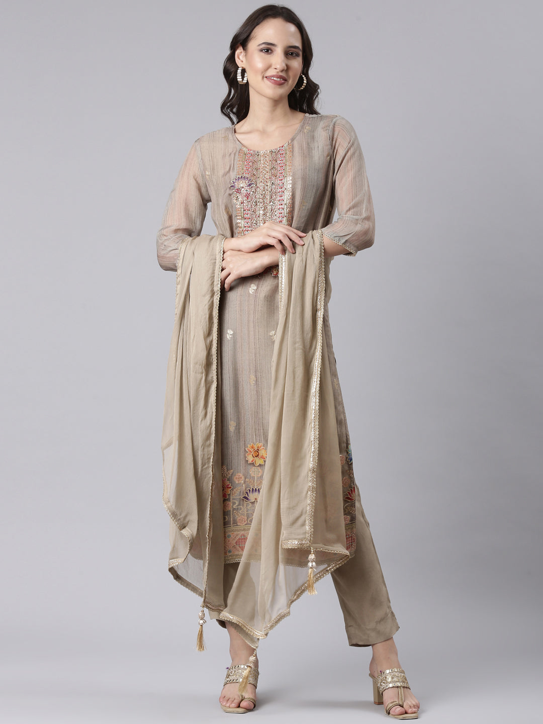 Beige Chanderi hand work three piece set