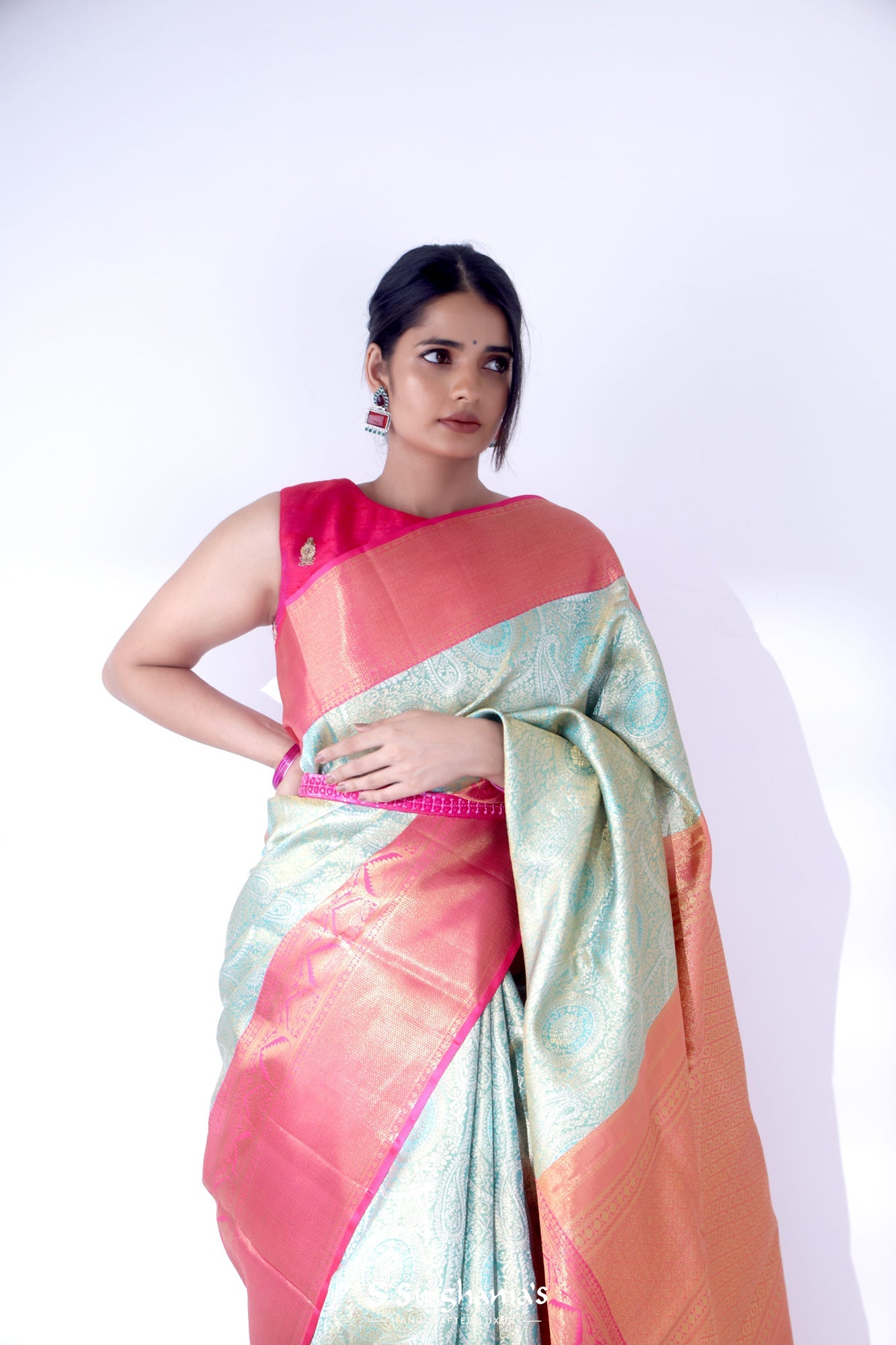 Light Turquoise Kanjivaram Saree Floral Paisley
