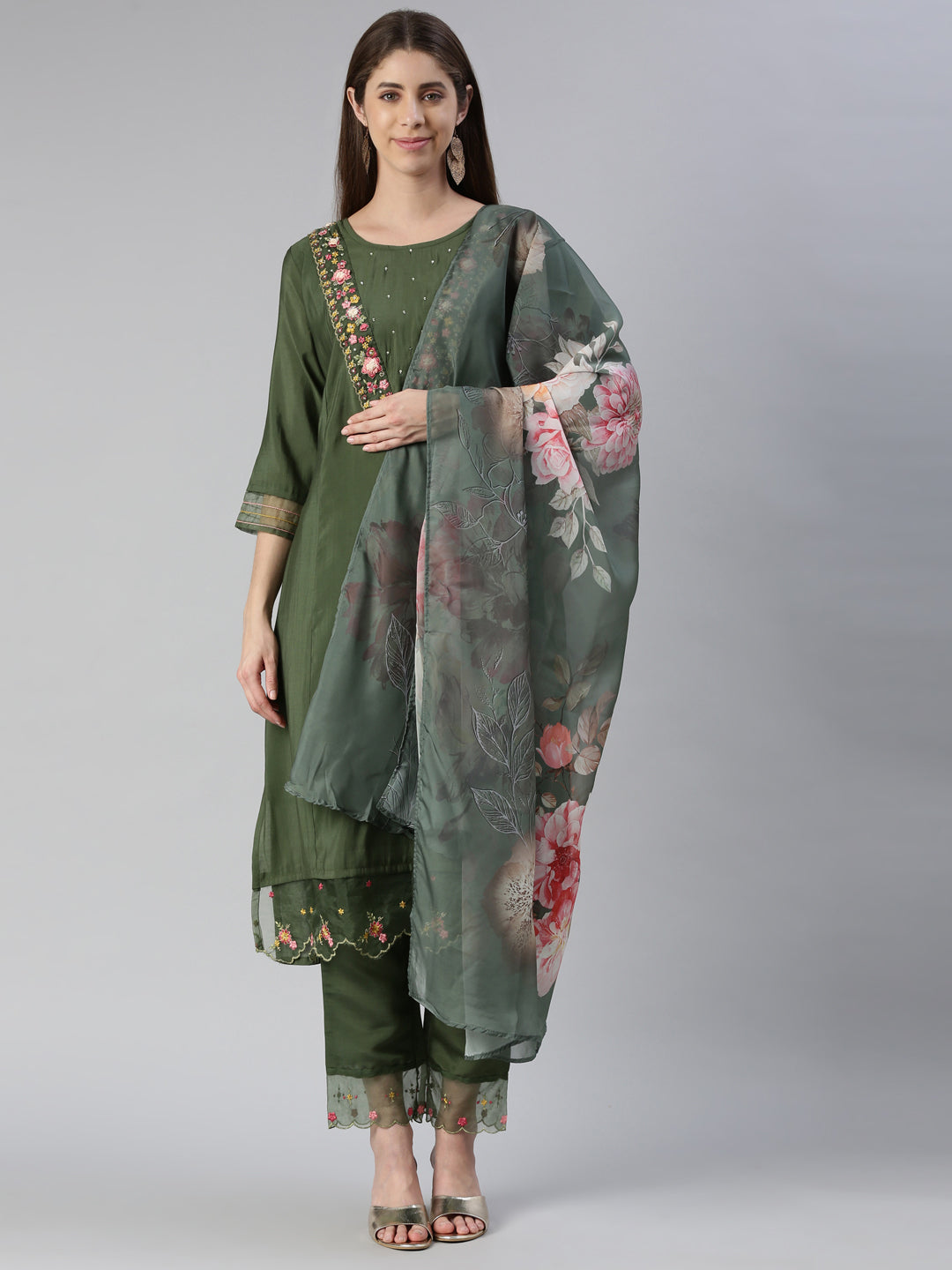 Neeru's Women B Green Yoke Design Calf Length Kurta And Trousers With Dupatta