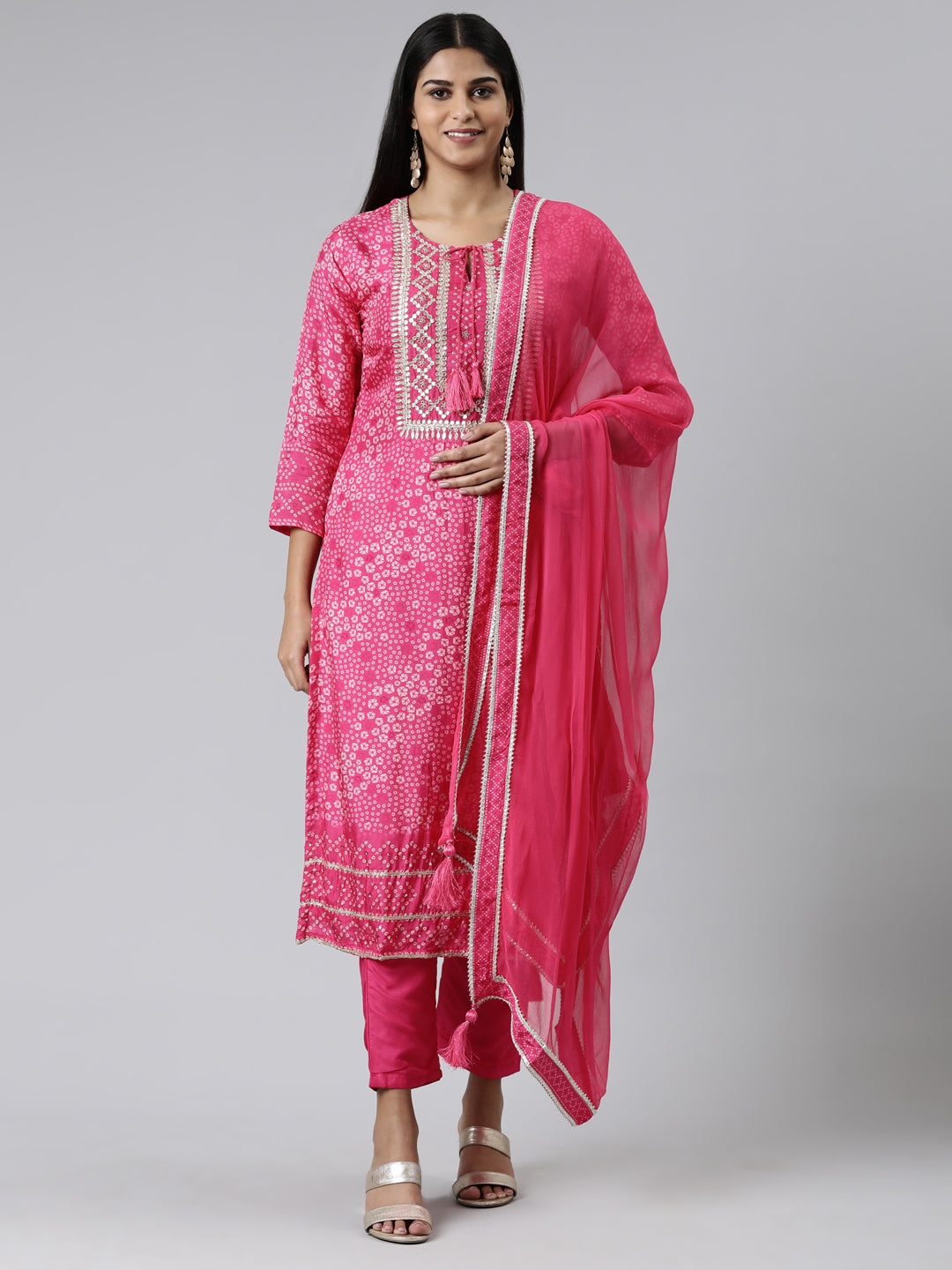 Neeru's Pink Regular Calf Length Printed Kurta Solid Trousers With Dupatta