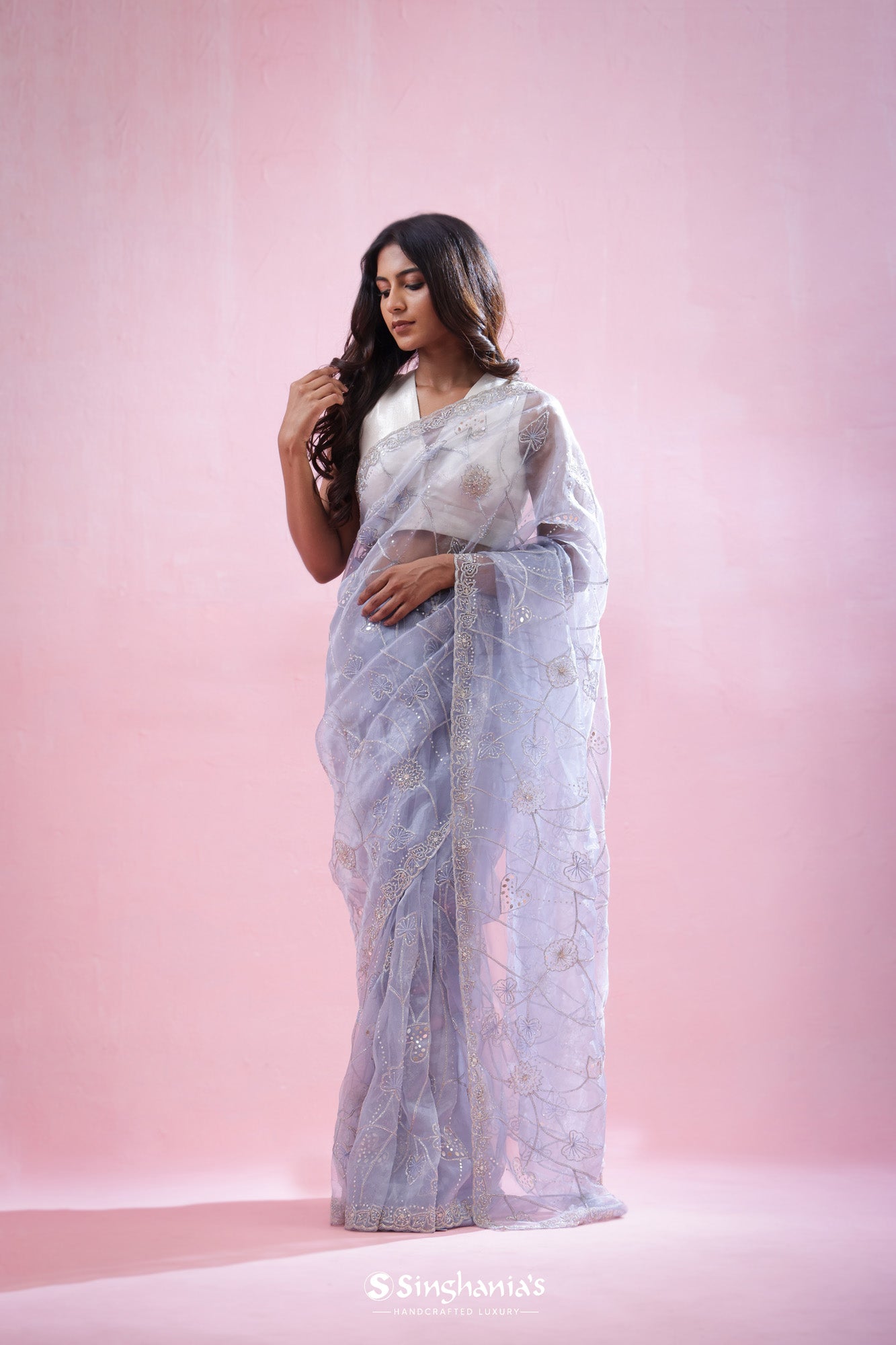 Beau Blue Tissue Organza Saree With Hand Embroidery