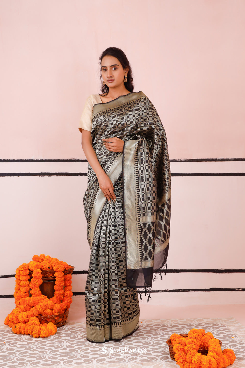 Aesthetic Black Geometrical Banarasi Organza Saree