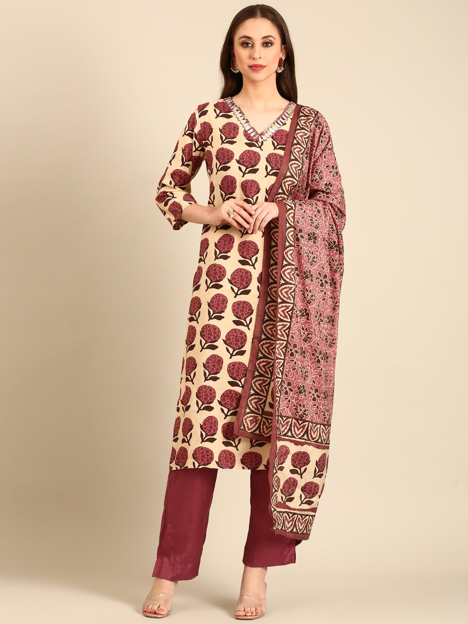 Maroon block printed suit set with duppata