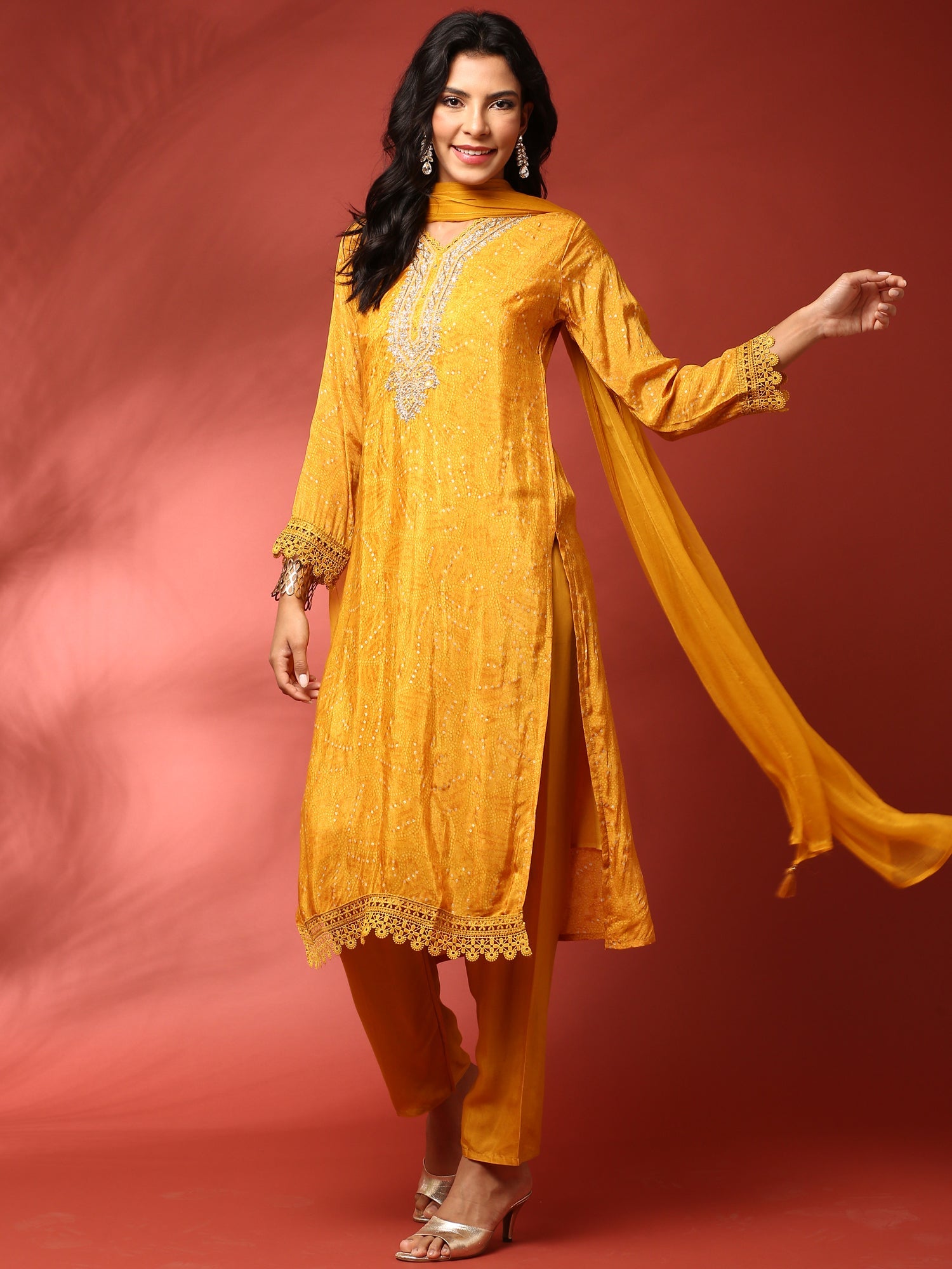 Mustard Muslin Straight three piece hand embroidered suit set