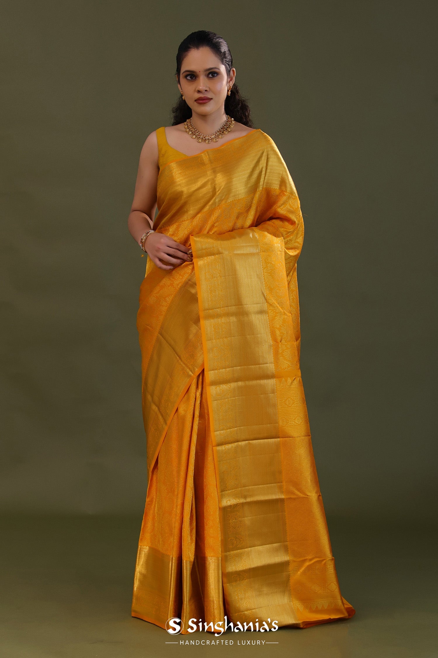 Ochre Yellow Kanjivaram Silk Saree With Brocade