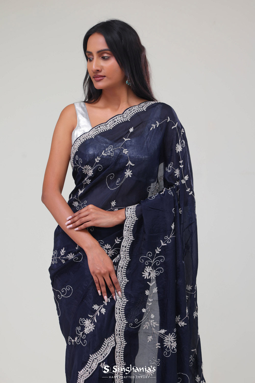 Deep Blue Floral Jaali Crafted Organza Saree
