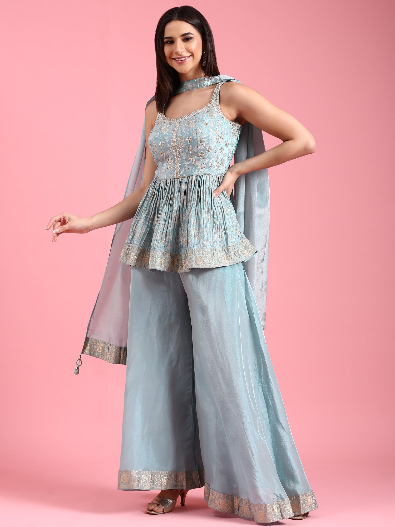 Ice Blue Banaras Silk Embroidery Peplum Palazzo
