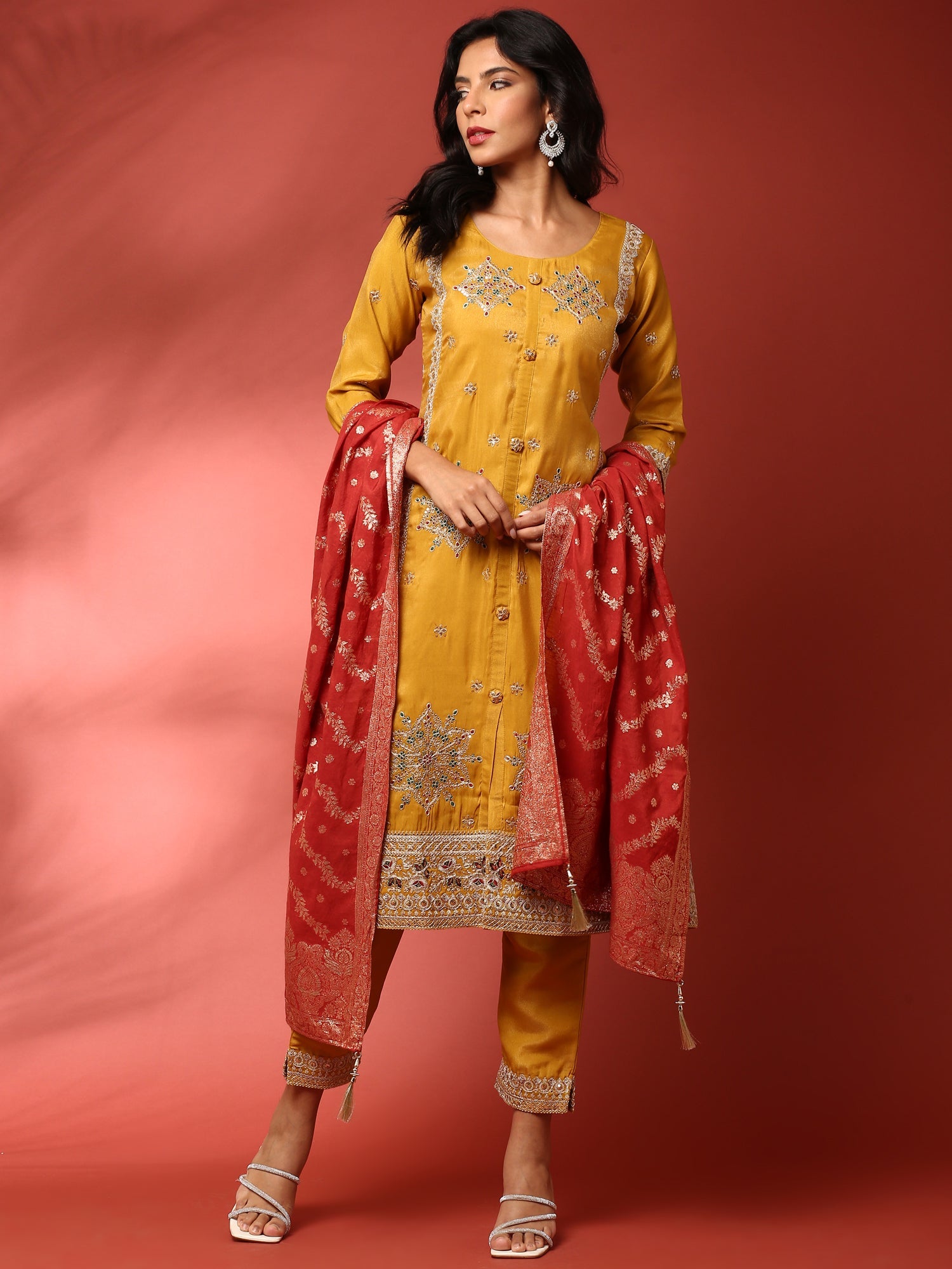 Mustard tissue fabric embroidered three piece suit set with contrast dupatta