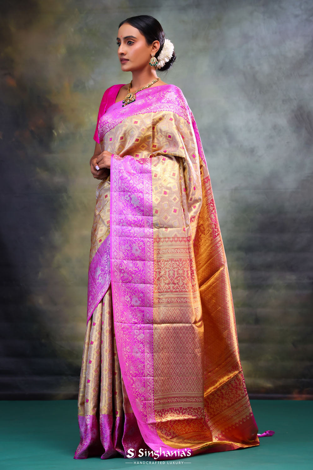 Dull Gold Kanjivaram Silk Saree With Contrast Border