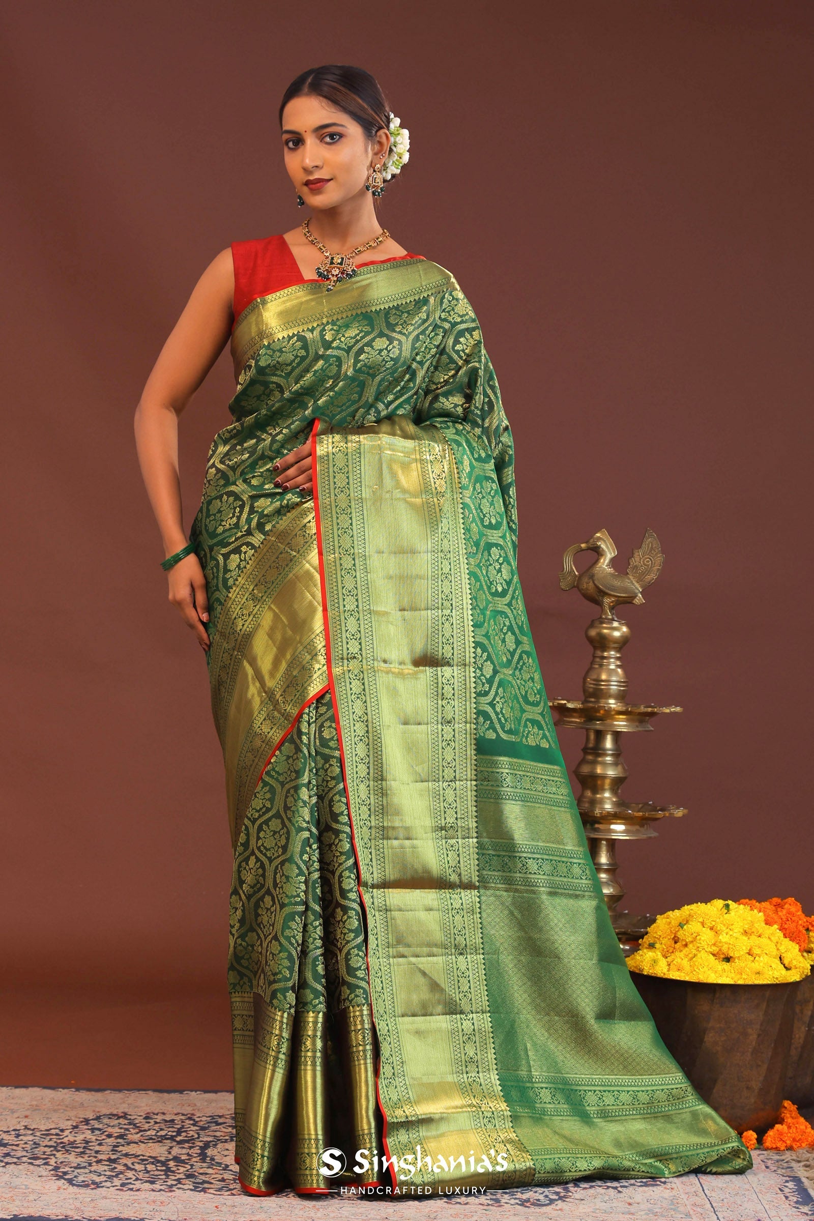 Castleton Green Kanjivaram Saree With Gold Zari Border