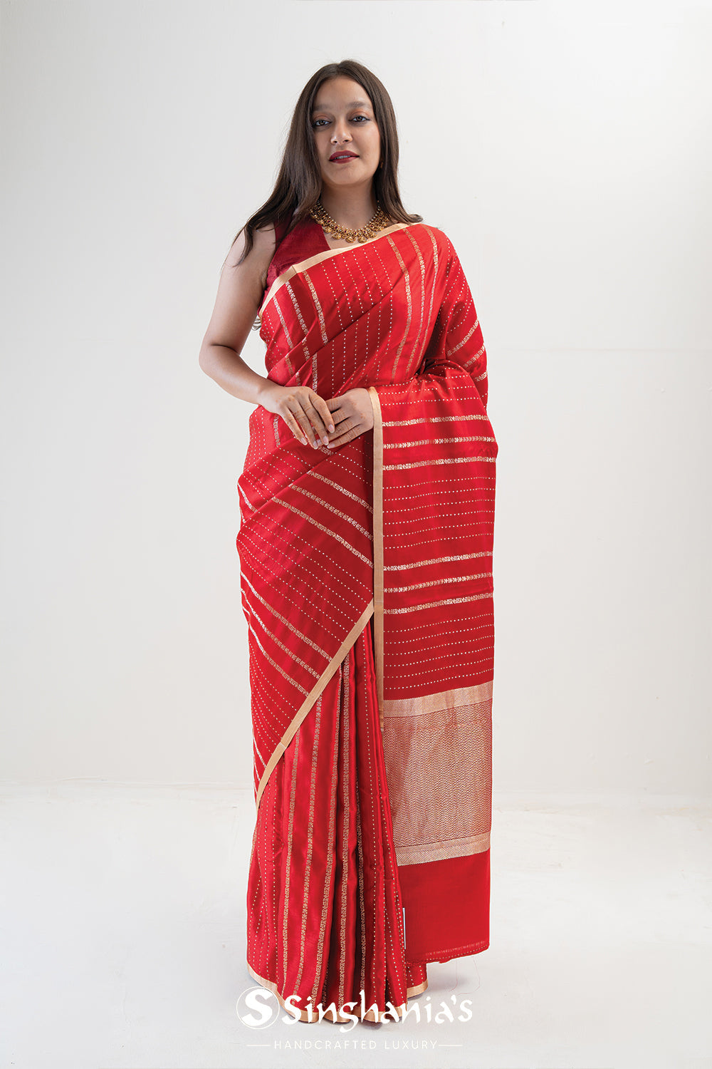 Cardinals Red Satin Banarasi Stripe Saree