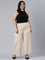 Women Solid Light Beige Mid Rise Linen Wide Pant